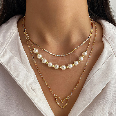 Heart Alloy & Plastic Imitation Pearl 3 Layer Necklaces for Women FS-WGA62EB-01-1