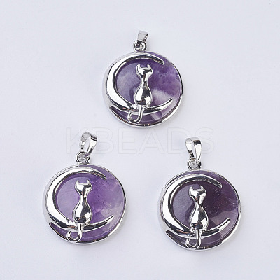 Natural Amethyst Flat Round Pendants G-K234-D09-1