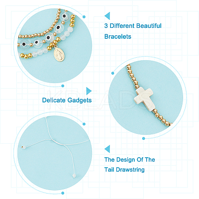 3Pcs 3 Style Rosary Bracelets Set with Virgin Mary Charm BJEW-AR0001-04-1