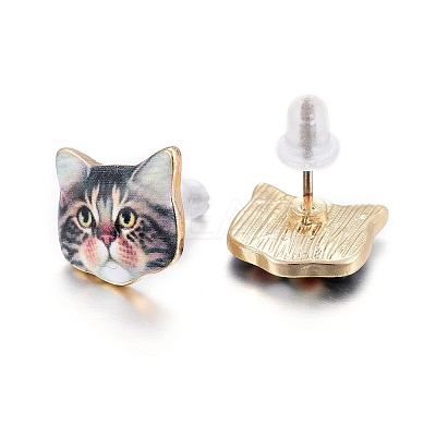 Real 14K Gold Plated Alloy Kitten Stud Earrings EJEW-G148-01G-06-1