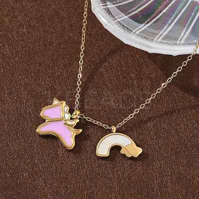 304 Stainless Steel Pearl Pink Enamel & Natural White Shell Pendant Unicorn Rainbow Pendant Necklaces for Women NJEW-M101-02G-1