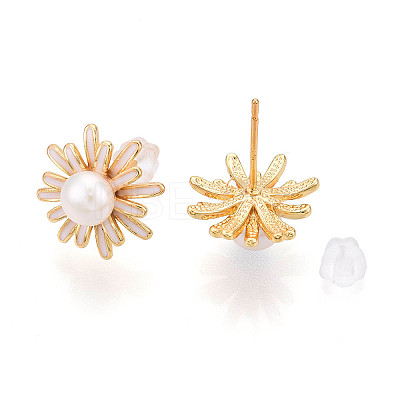 Flower Brass Natural Pearl Stud Earrings PEAR-N020-06W-1