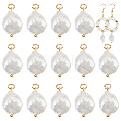 16Pcs Natural Keshi Pearl Flat Round Pendants PALLOY-BC00004-1