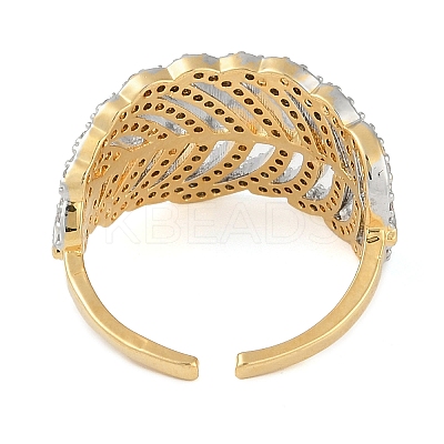 Leaf Brass Micro Pave Clear Cubic Zirconia Open Cuff Ring for Women RJEW-Q819-01G-1