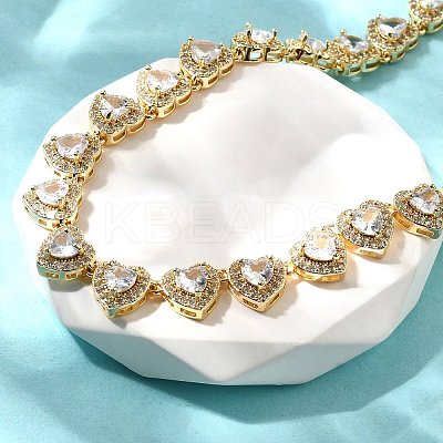 Brass Clear Cubic Zirconia Heart Link Chain Necklaces for Women NJEW-H057-02G-1