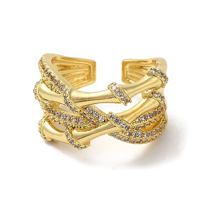 Brass Cubic Zirconia Bamboo Open Cuff Ring RJEW-Z019-01G-1