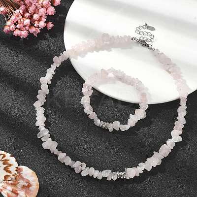 Natural Rose Quartz Chips Beaded Necklace & Stretc Bracelet SJEW-JS01281-02-1