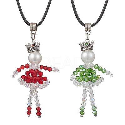 2Pcs 2 Colors Alloy Glass Beaded Christmas Doll Pendant Necklaces NJEW-MZ00135-1