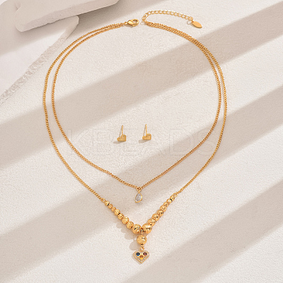 Fashionable Vintage Brass Heart Double-layer Pendant Necklace & Stud Earring Set for Women WZ9346-1-1