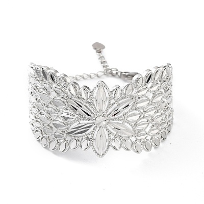 Rack Plating Brass Vintage Court Hollowed-out Flower Design Cuff Bangles for Women BJEW-D032-07P-1