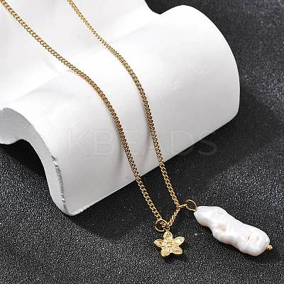 Natural Freshwater Keshi Pearl Stick & 304 Stainless Steel Flower Pendant Necklaces for Women NJEW-K255-55G-1