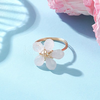Golden Tone Copper Wire Wrapped Natural Rose Quartz Finger Rings RJEW-JR00981-1