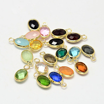 Oval Faceted Golden Tone Brass Glass Charms X-GLAA-O015-G-1