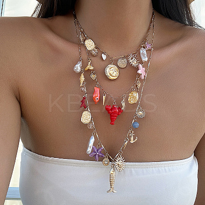 Summer Beach Alloy & Imitation Pearl Fish Starfish Lobster Colorful Pendant Multi Layered Necklaces for Women FS-WG8B7EE-10-1