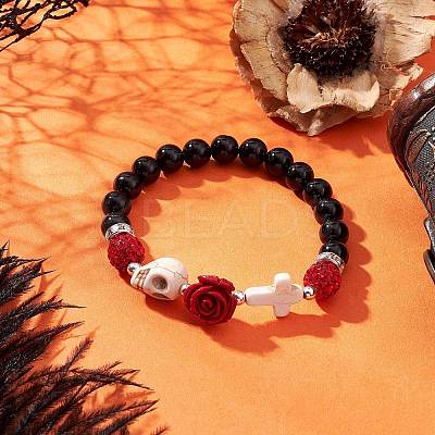 Halloween Dyed & Heated Natural Black Onyx & Synthetic Turquoise Beaded Stretch Bracelets for Women BJEW-TA00665-1
