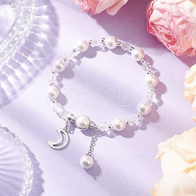 Shell Pearl & Glass Round Beaded Bracelets BJEW-JB11857-02-1