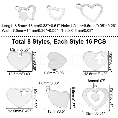 128Pcs 8 Style 201 Stainless Steel Charms STAS-UN0029-48-1