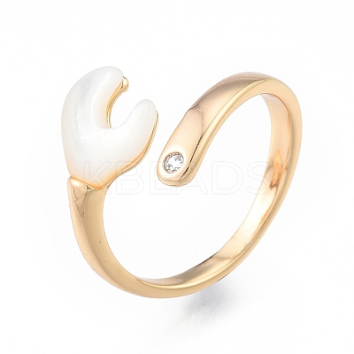 Natural Shell Heart Open Cuff Ring with Clear Cubic Zirconia RJEW-N039-09LG-1