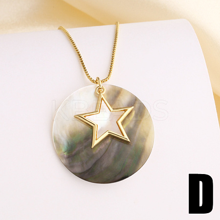 Summer Beach Brass & Natural Paua Shell Flat Round Pendant Necklaces for Women WG98B2F-03-1