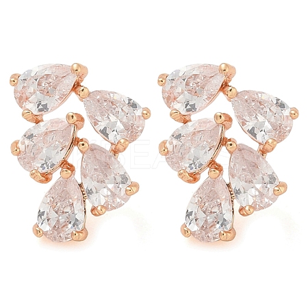 Rack Plating Leaf Brass Clear Cubic Zirconia Stud Earrings EJEW-M090-20G-1