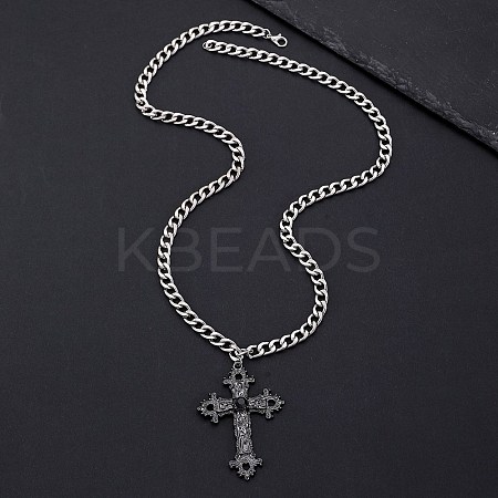 Alloy Pave Single Jet Rhinestone Religion Cross Pendant Twisted Chain Necklaces for Women PW-WG4E8E9-03-1