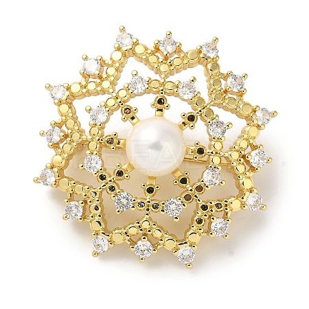 Rack Plating Brass Pave Clear Cubic Zirconia Flower Brooches KK-S391-04G-1