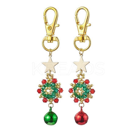 Christmas Wreath Glass Seed Pendant Decorations with Bell HJEW-MZ00077-1