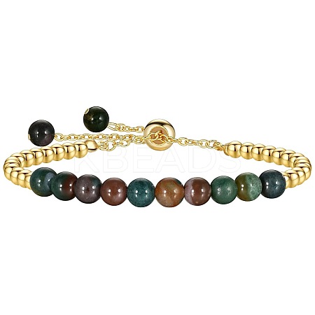 Natural Indian Agate 304 Stainless Steel Round Beaded Adjustable Slider Bracelets for Men Women AW1156-4-1