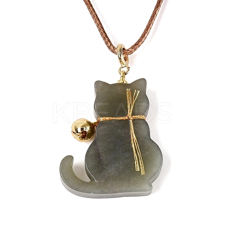 Natural Hetian Jade Cat Pendant Adjustable Cord Necklaces NJEW-N064-02-1