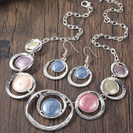 Ring with Flat Round Zinc Alloy Enamel Pendant Necklace & Dangle Earrings Sets FS-WG699A4-05-1