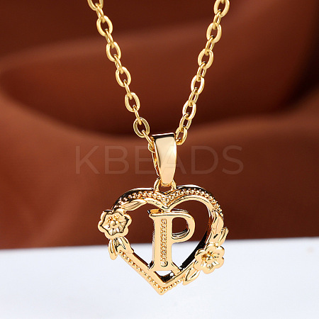 Brass Rose Flower Heart with Letter Pendant Cable Chain Necklaces FS-WG42461-16-1