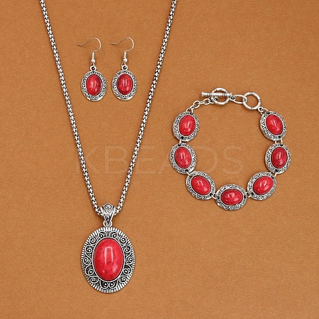 Oval Alloy with Synthetic Turquoise Pendant Necklaces & Dangle Earrings & Link Bracelets Sets WGD1135-07-1