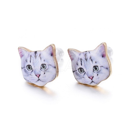 Real 14K Gold Plated Alloy Kitten Stud Earrings EJEW-G148-01G-04-1