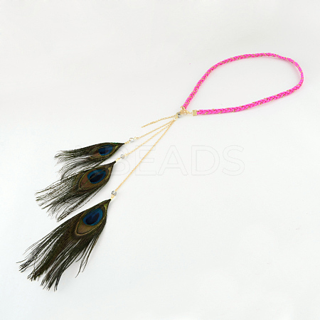 Woman's Dyed Feather Braided Suede Cord Headbands OHAR-R184-03-1