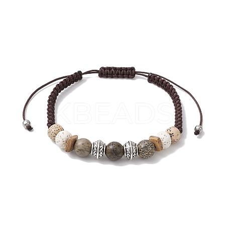 Round Lava Rock & Wood Braided Beads Bracelets BJEW-JB10991-1