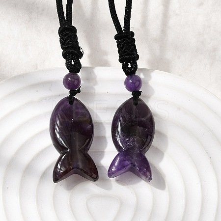 Natural Amethyst Fish Pendant Black Nylon Cord Necklaces NJEW-G185-01C-1