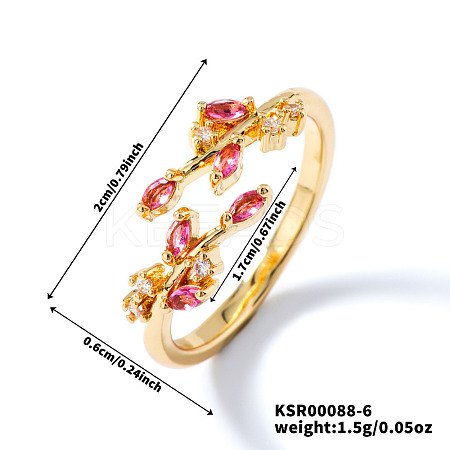 Exquisite Brass Cubic Zirconia Willow Leaf Cuff Rings for Women UN6923-6-1