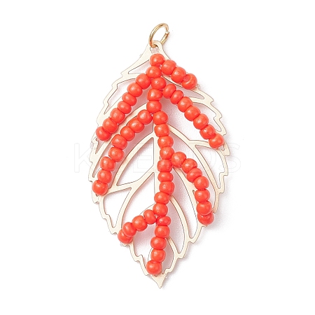 Handmade Glass Seed Beaded Leaf Shape Pendants PALLOY-MZ00935-02-1