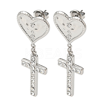 Heart with Cross 304 Stainless Steel Dangle Stud Earrings EJEW-K269-02P-1