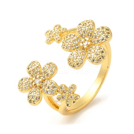 Flower Brass Micro Pave Clear Cubic Zirconia Open Cuff Rings RJEW-U008-33G-1