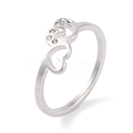 304 Stainless Steel with Rhinestone Heart Finger Ring for Women RJEW-C086-11-P-1