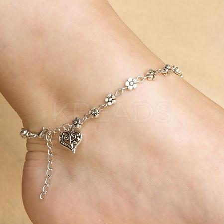 Tibetan Style Flower Alloy Link Chain Heart Charm Anklets for Women FS-WG81CB1-01-1