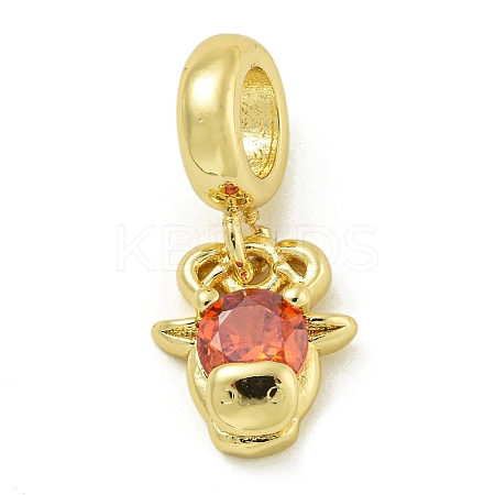 Rack Plating Brass Pave Orange Red Cubic Zirconia Cattle Head European Dangle Charms KK-Z067-47G-1