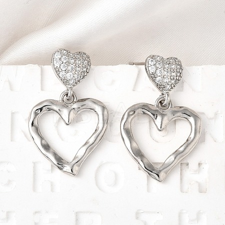 Hollow Heart Brass Micro Pave Clear Cubic Zirconia Dangle Stud Earrings EJEW-Z099-02P-02-1