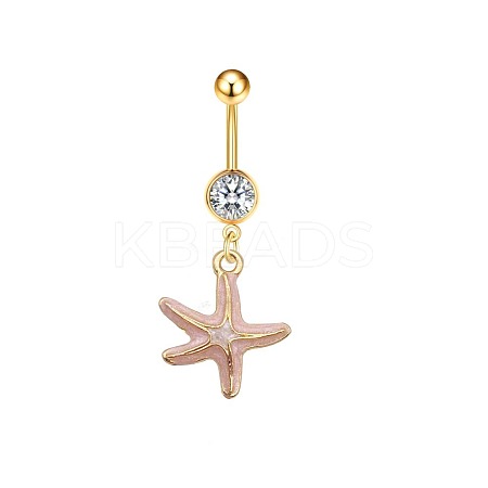 304 Stainless Steel Pave Clear Cubic Zirconia Enamel Starfish Curved Barbell Dangle Belly Rings FS-WG01A3A-08-1