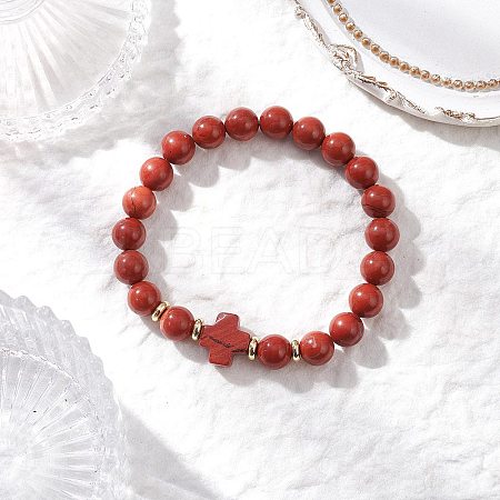Natural Red Jasper Cross Round Beaded Stretch Bracelets for Men Women BJEW-JB12258-02-1