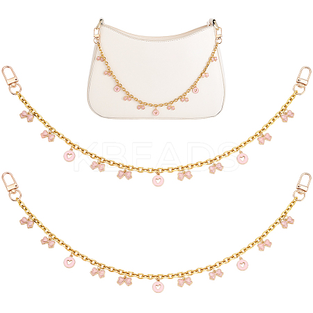 2Pcs Alloy Enamel Pink Bowknot Tassel 304 Stainless Steel Cable Chain Bag Decorative Chains AJEW-BBC0001-03-1