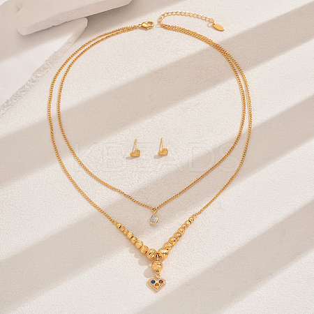 Fashionable Vintage Brass Heart Double-layer Pendant Necklace & Stud Earring Set for Women WZ9346-1-1