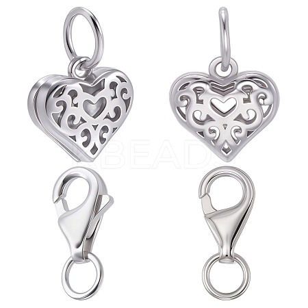 2Pcs Rhodium Plated Hollow Out 925 Sterling Silver Heart Charms STER-BBC0008-22-1