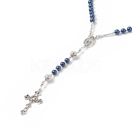 Natural Lava Rock & Glass Pearl Rosary Bead Necklace NJEW-TA00041-03-1